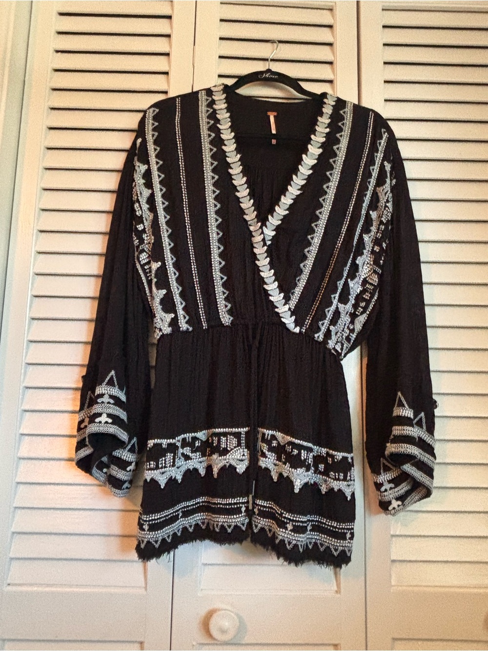 Boho Prairie Free People Black Embroidered Top with Copper Logo Tag